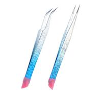 2 PCS Tweezers for Facial Hair Precision Lash Applicator Tool Eyelash Extension Tweezers, Ice Flower Crystal Blue, Stainless Steel Dual-End Straight & Curved, for, Volume Lash Art Precision Craft