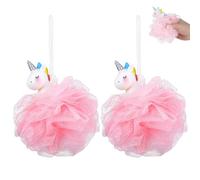 2 Pcs Unicorn Bath Sponge Shower Ball with Loofah Mesh, Pink | PE and PP Blend, Natural Loofah Core, Sturdy Repeated Use, Hanging Storage, Easy Carry