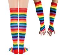 2 Pcs Unisex Rainbow Socks + 2 Pcs Fashionable Rainbow Sleeves, Funny Colorful Striped Socks, Over The Knee Thigh Pride Socks, Party Dress Gloves, Carnival Rainbow Costumes