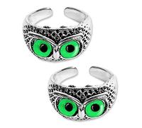 (2 Pcs Unisex Stainless Steel Funky Trending Adjustable/Openable Decorative Creative Crystal Glasses Green Demon Eyes Owl/Ullu Bird Face Design Thumb Finger Ring For Good Luck And Wisdom-B0C4Y8TSDN
