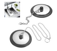 2 Pcs Universal bath plug with Stainless Steel Chain,bath plug and chain,bath plug replacement,43 mm to 45 mm Drain Stoppers Black Rubber for Bathroom Kitchen(Size 1.7in To 1.77in, Chain 15.7in)