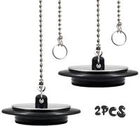 2 Pcs Universal Sink Plug, 43mm Drain Stopper with Long Stainless Steel Ball Chain Hook, Black Rubber Cover Trap Strainer Replacement Sink Drain Stopper Plug for Kitchen Bathroom Bathtub Sink