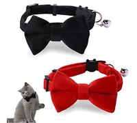2 Pcs Velvet Bowtie Cat Collar with Bell Adjustable Breakaway Cat Collars Kitten Small Puppy Safety Bow Tie Solid Wedding Red Cat Collar for Boy Girl Cats