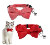 2 Pcs Velvet Bowtie Cat Collar with Bell, Pink and Red Adjustable Breakaway Cat Collars Cute Kitten Puppy Bow Collars for Small Cats