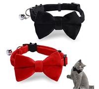 2 Pcs Velvet Cat Collar with Bell and Bowtie, Adjustable Breakaway Cat Collars Kitten Small Puppy Safety Bow Tie Solid Wedding Basic Color Cat Bow Tie Collar