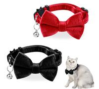 2 Pcs Velvet Cat Collar with Bell and Bowtie, Black and Red Adjustable Breakaway Cat Bowtie Collar, Cute Kitten Puppy Bow Collars for Graduation Wedding Birthday Pet Party