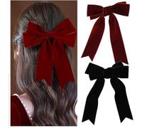 2 Pcs Velvet Hair Bow Clip, Solid Color Bowknot Hairpins, French Bowknot Hair Bows with Long Ribbon, Vintage Large Satin Ribbon Velvet Barrettes Black & Red Bow Hairpin