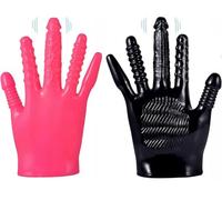 2 PCS Vibrating Massage Gloves Set, Black and Pink Finger Massage Gloves with 5 Textured Attachments, Handheld Vibration Massager