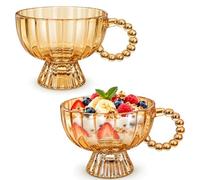 2 Pcs Vintage Amber Glass Cups, 350ml Footed Ribbed Glass Mugs, Wide Opening Coffee Tea Breakfast Dessert Cups for Ice Cream Sundae Yoghurt Parfait Pudding Cappuccino Smoothie Juice Afternoon Tea