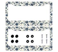 2 Pcs Vintage Floral License Plate Frame Blue Botanical Blossoms Personalise License Plate Frames Stainless Steel Metal Car Plates Tag Funny Decor Men Women 6 X 12 Inch 2 Holes