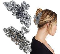 2 PCS Vintage Hair Claw Clips Flower Large Claw Hair Clips Shiny Rhinestone Hollow Flower Claw Clips Retro Metal Hair Clips Antique Silver Plated Hair Clamps Crystal Hair Accessories for Women Girls