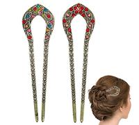 2 Pcs Vintage Hair Stick, Crystal Rhinestone Double Prong Hair Pin Stick Hairstyle Chignon Hairpin