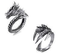 2 Pcs Vintage Punk Rock Chinese Dragon Ring and Dragon Claw Ring for Men Women Vintage Rings Set Gothic Alloy Open Adjustable
