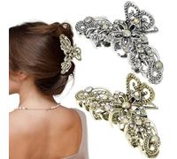 2 PCS Vintage Rhinestone Hair Claw Clips - Shiny Metal Antique Silver Plated Retro Flower Non Slip Hair Jaw Clips for Women & Girls