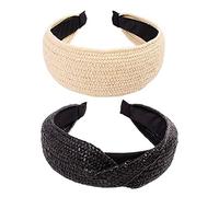 2 Pcs Vintage Straw Rattan Headband Raffia Woven Hairband Wide Twist Hair Hoop Headwear Hair Accessories for Women and Girls