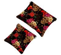 2 PCS Vintage Sugar Skull Floral Pattern Pocket Cosmetic Bag, Self-Closing Shrapnel Makeup Pouch, Portable No Zipper Mini Travel Make Up Bag for Coin Lipstick Cosmetics Earphones Jewelry Organizer