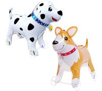 2 Pcs Walking Dog Balloon with Wheels Self Standing Pet Dog Foil Balloons Mylar Animal Dalmatian and Corgi Puppy Character Themed Kids Birthday Party Decoration Supplies