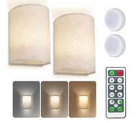 2 Pcs Wall Sconces Rechargeable, Battery Operated Wall Lights Indoor, 3 Colours Dimmable Wall Lights Fixtures with Remote Control Fabric Height Wall Lamp Sconces for Bedroom Living Room Hallway