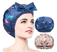 2 PCS Waterproof Shower Caps, Oversized Adjustable Hair Cap with Bow Knot for Women, Reusable Double Layer Waterproof Bathing Cap for Shower, Spa, Makeup, Design for All Hair Lengths/Style