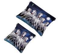 2 PCS White Horses Running at Night Pocket Cosmetic Bag, Self-Closing Shrapnel Makeup Pouch, Portable No Zipper Mini Travel Make Up Bag for Coin Lipstick Cosmetics Earphones Jewelry Organizer