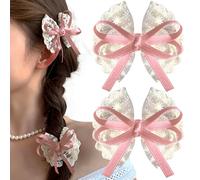 2 PCS White Lace Bow Hair Clips for Women Pink Bowkont Ribbon Small Hair Clip Summer Duck Billed Hairclips Decorative Barrettes for Women Thin Thick Hairs Duckbill Hairclip for Styling Accessories