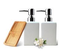 2 Pcs White Oval Ceramic Soap Dispenser - 320ml/11oz Oval Design with Rustproof Pump & Bamboo Tray, Refillable for Shampoo/Liquid Soap, Bathroom & Kitchen Essential