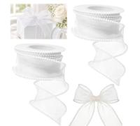 2 Pcs White Ribbon, Faux Pearl Edge Chiffon Ribbon for Gift Wrapping
