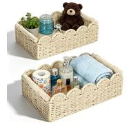 2 PCS Wicker Basket with Handle, Scallop Edge Bathroom Storage Basket Rattan Woven Shelf Baskets for Shelves Kitchen Pantry Countertop Home Decor
