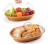 2 Pcs Wicker Bread Baskets with Acrylic Lid, Oval Woven Serving Basket | Vintage Imitation Rattan Woven Fruit Basket with Dustproof Clear Cover, for Food Display, Pastries, Snack, Party, 35x25x12 cm