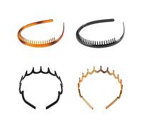 2 PCS Wide Tooth Headbands, 2 PCS Fine Tooth Headbands, Plastic Wavy Headbands, M-Shaped Headbands for Boys and Girls, Suitable for Washing, Sports, Shopping. Black, Amber