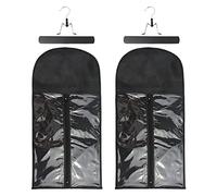 2 Pcs Wig Hair Extensions Storage Bag with Wooden Hanger Portable Dust-proof Wig Bag (Black)