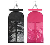 2 Pcs Wig Hair Extensions Storage Bag with Wooden Hanger - Portable, Dust-proof Wig Bags (Black + Pink)