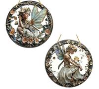 2 PCS Window Sun Catcher Hangings 2D Flower Fairy Stained Glass Hangings, Vintage Acrylic Sheet Suncatcher, Colorful Sun Catchers for Home Garden Birthday Mother's Day Valentine's Day Gift