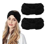 2 Pcs Winter Headband, Women's Knitted Bow Braided Hair Band - Wraps Thick Thermal Wide Headbands for Skiing, Running, Outdoor (Black)
