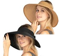 2 PCS Women Sun Visor Hats Beach - Foldable Roll Up Wide Brim Bowknot Summer Straw Hat Cap Cruise wear for Womens - black - One Size
