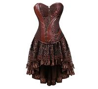 2 Pcs Womens Steampunk Skirts with Faux Leather Corsets UK Sale Clearance, Ladies Gothic Lace Skirt Set Boned Bustiers Blouse Cold Shoulder Medieval Dress Renaissance High-Lo Dress Plus Size