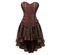 2 Pcs Womens Steampunk Skirts with Faux Leather Corsets UK Sale Clearance, Ladies Gothic Lace Skirt Set Boned Bustiers Blouse Cold Shoulder Medieval Dress Renaissance High-Lo Dress Plus Size