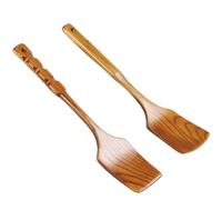 2 Pcs Wood Cooking Spatula 35x8.5x0.7cm for Nonstick Pans | Natural Grain Finish, Smooth No Burr Edges, Hangable Hole Design, for Wok Cooking and Home Cooks