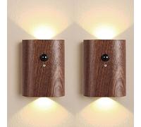 2 Pcs Wood LED Batteries Wall Light Cordless with Motion Sensor Indoor USB Rechargeable Wall Lamp Bedroom Bed Lamp 3000K Warm Light Magnetic Night Light Up Down Wall Lighting Hallway Lamp,Dark Colors