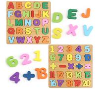 2 Pcs Wooden Alphabet Puzzle and Number Jigsaw Set, Early Learning Alphabet Toys for Toddlers, Educational ABC Puzzle Blocks for 3+ Kids, Preschool Wooden Puzzles Letters and Numbers
