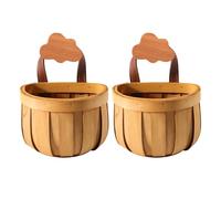 2 Pcs Wooden Baskets for Kitchen Storage, Farmhouse Decor, with Leather Handle & Cloud Hook, 6.5 x 5.1 x 3.9 in, for Onion, Garlic, Ginger, Wall Hanging