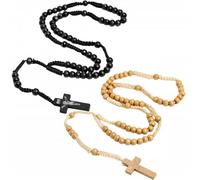 2 Pcs Wooden Beads Rosary Necklaces Handmade Rosaries Wood Beads Christ Jesus Necklaces Imprint Cross Religious Accessories Christian Prayer Necklaces (Black and Khaki)