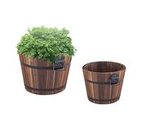 2 Pcs Wooden Bucket Barrel Planters Rustic Flower Pots Boxes Container with Drainage Holes for Indoor & Outdoor Home Decor Wooden Garden Planters for Small Plants & Herbs Brown
