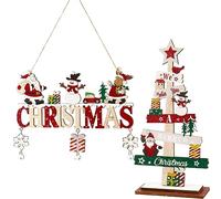 2 PCS Wooden Christmas Decorations and Merry Christmas Sign Set, Christmas Hanging Decorations Include Wooden Christmas Plaque Sign and Wooden Tree Decorations for Indoor Outdoor Christmas Decor