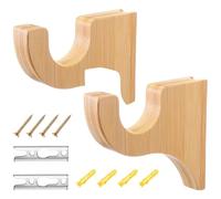 2 Pcs Wooden Curtain Rod Brackets, 1 inch / 2.54 cm Thick Solid Wood Curtain Rod Holders, Wall Mounted Light Brown Window Hangers with Concealed Mounting for Closet, Farmhouse Décor