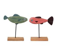 2 Pcs Wooden Fish Decor for Beach Themed Home, Cute Fish Sculpture with Big Eyes, Green and Red Fish on Black Metal Stands, for Living Room, Little Ones Room, Party