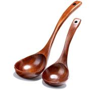 2 Pcs Wooden Ladle Spoon Set - Long Handle Chinese Style Handcrafted Wooden Soup & Serving Spoon with Back Hooks for Cooking, Serving & Stirring