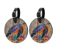 2 Pcs Wooden Rural Turtle Pattern Luggage Tags for Suitcase PU Leather Round Travel Bag Tag ID Label Address Card Travel Bag Labels Suitcase Tags