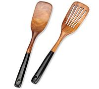 2 Pcs Wooden Spatula Set for Cooking Non Toxic Teak Kitchen Utensils Slotted Pancake Turner Flat Wood Wok Spatulas Bamboo Spoon for Cooking Utensil Set Spurtle Scraper Black Fish Egg Flipper Spatula