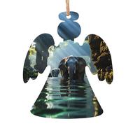 2 PCS Wooden Xmas Tree Ornaments, Asian Elephant in The Water Print Christmas Party Decoration Wood Pendant, for Home Crafts Hanging